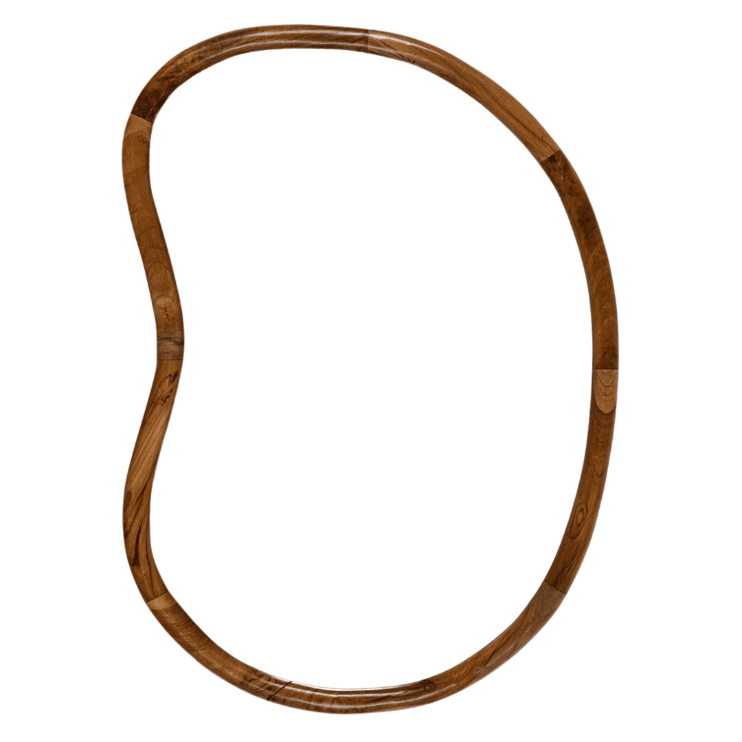 Organic asymmetrical wall mirror with warm handcrafted wood frame