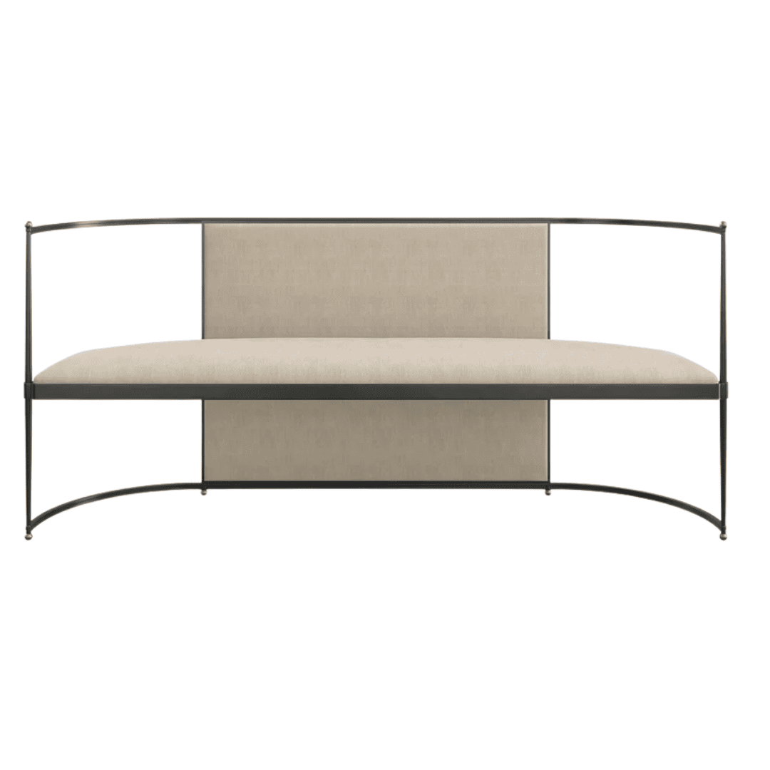 Curved Caracole Toulouse upholstered bench with brushed gold metal frame