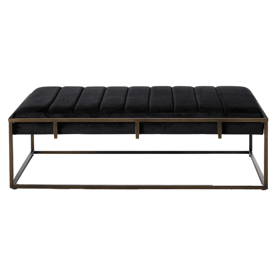 Black velvet upholstered bench with slim modern metal frame