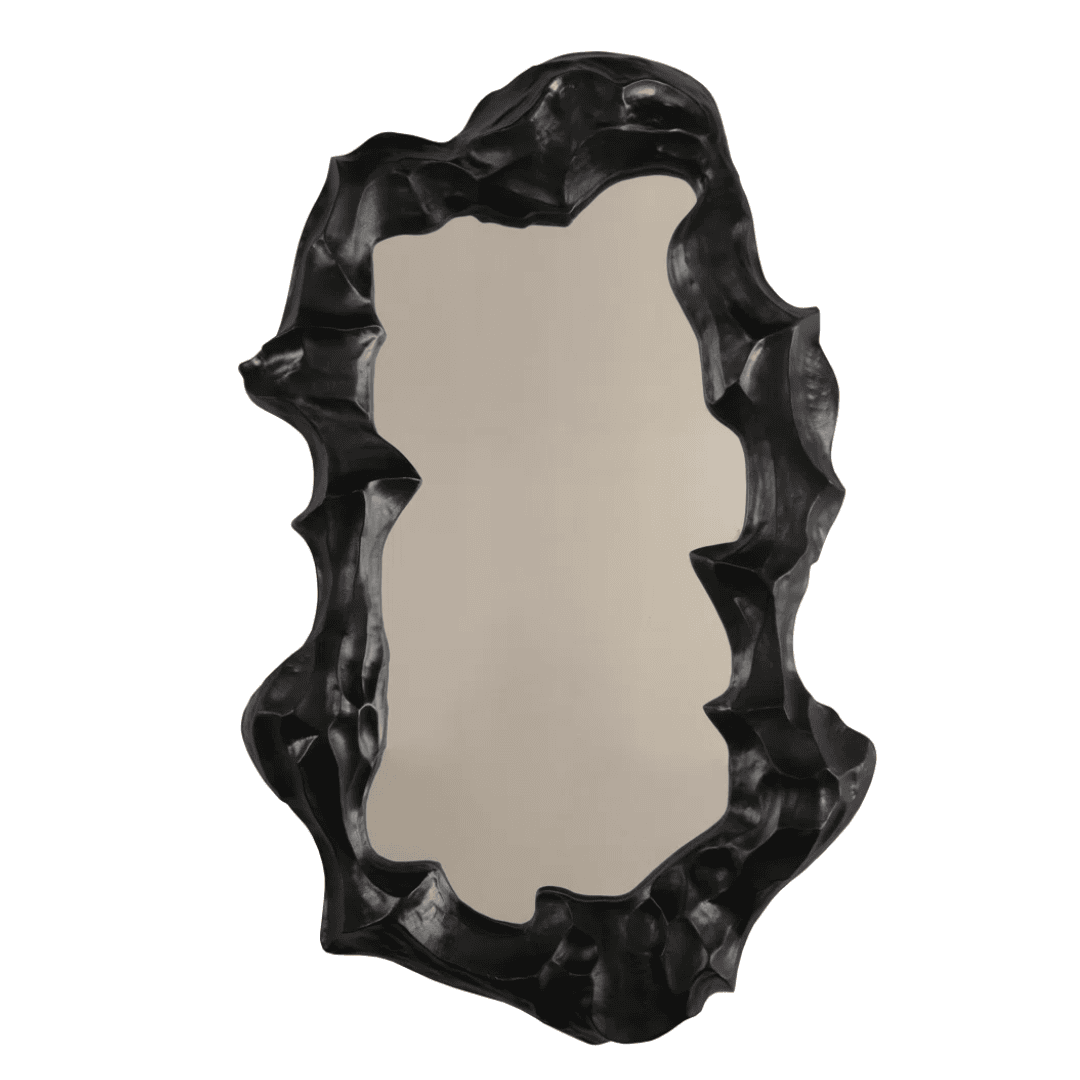 Sculptural black organic wall mirror with handcrafted artistic frame