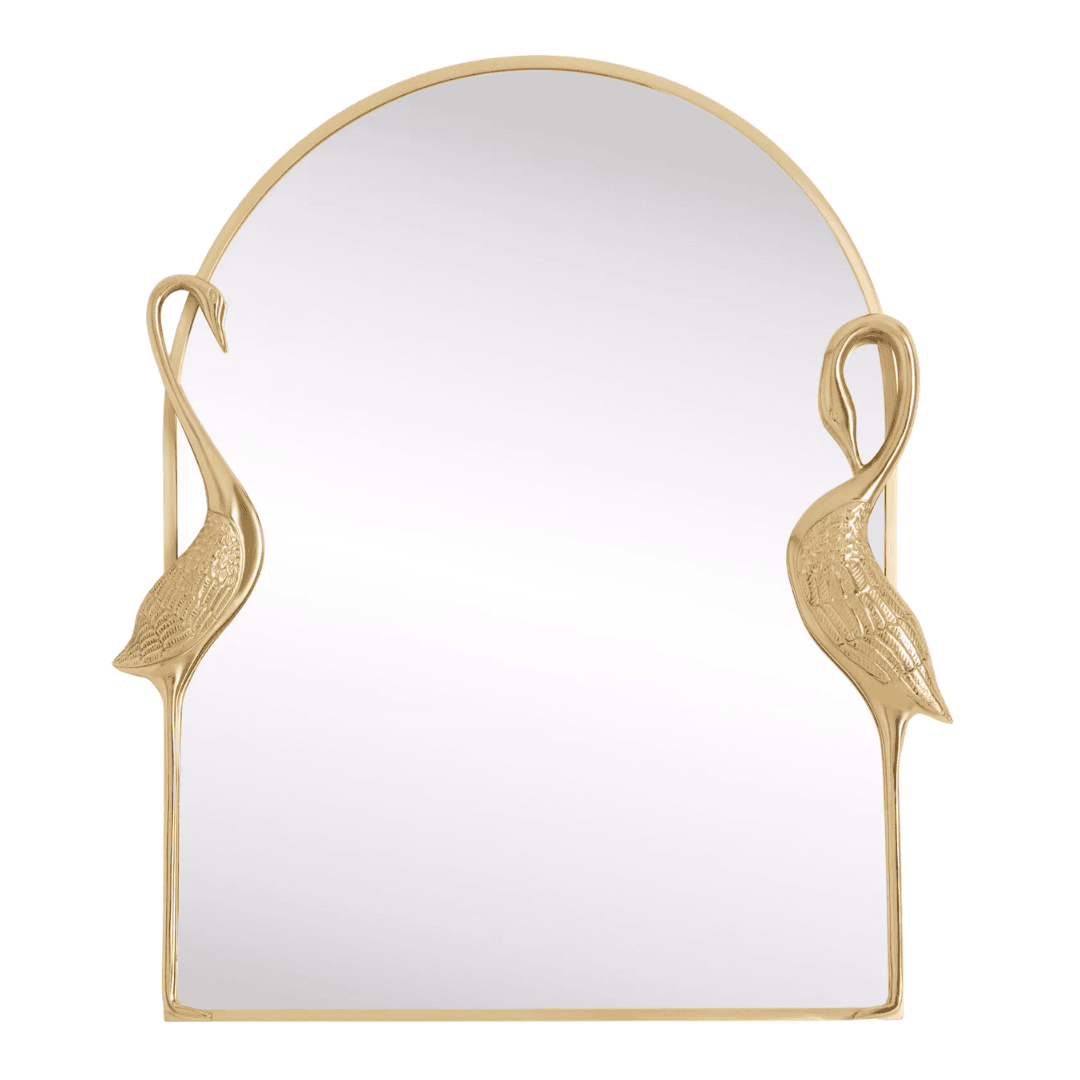 Brass arch wall mirror featuring elegant sculptural crane accents