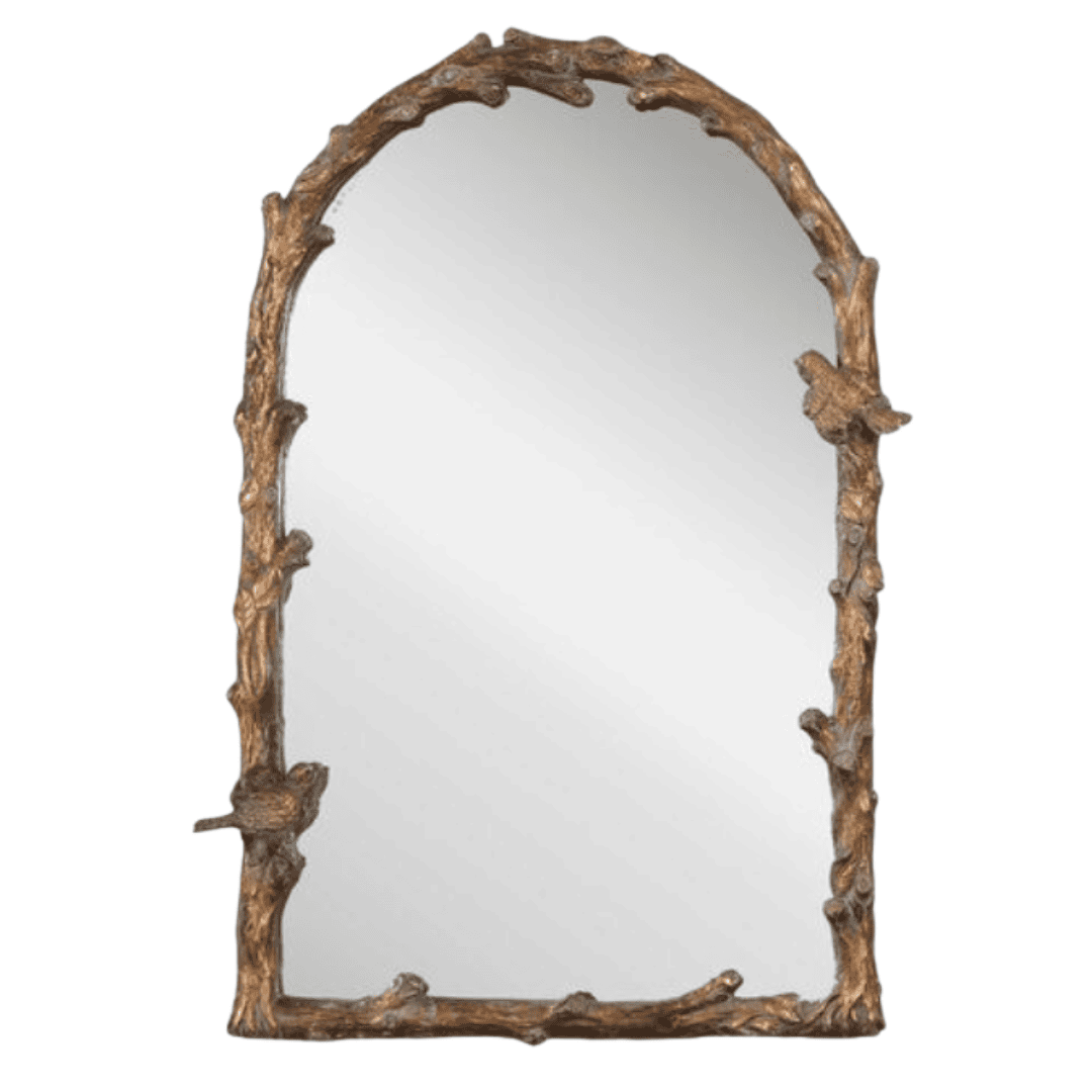 Arched antiqued gold leaf wall mirror with handcrafted organic frame