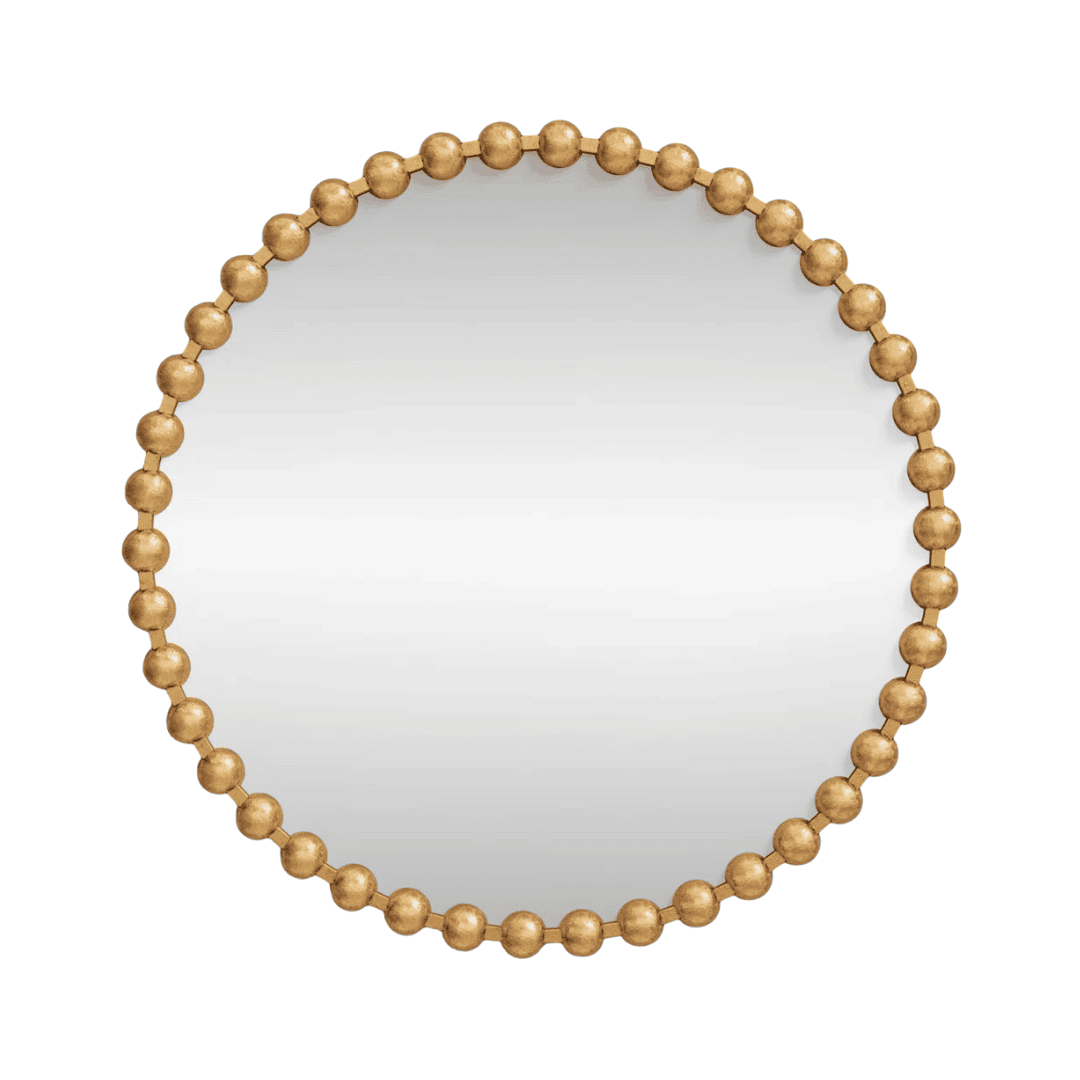 Round gold beaded metal wall mirror with timeless classic styling