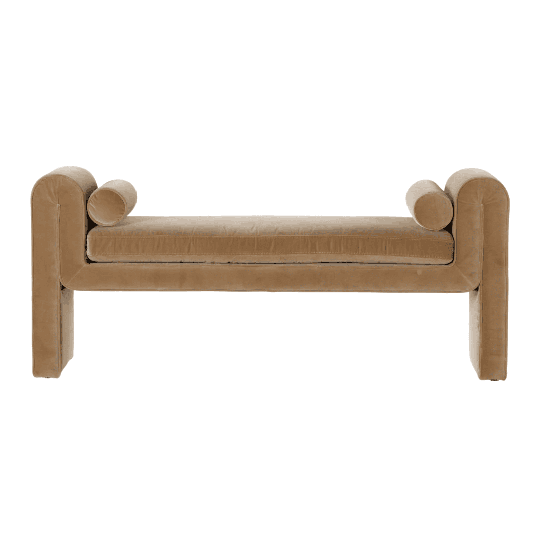 Contemporary Seoul upholstered bench with sculptural rolled wood arms