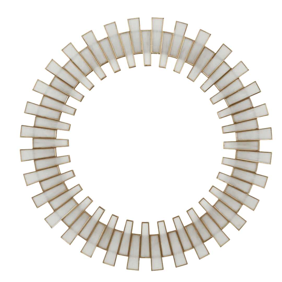 Round wall mirror with frosted glass details and antique brass finish