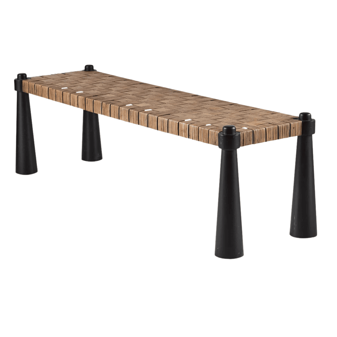 Arteriors Solange woven rattan bench with sculptural wood legs