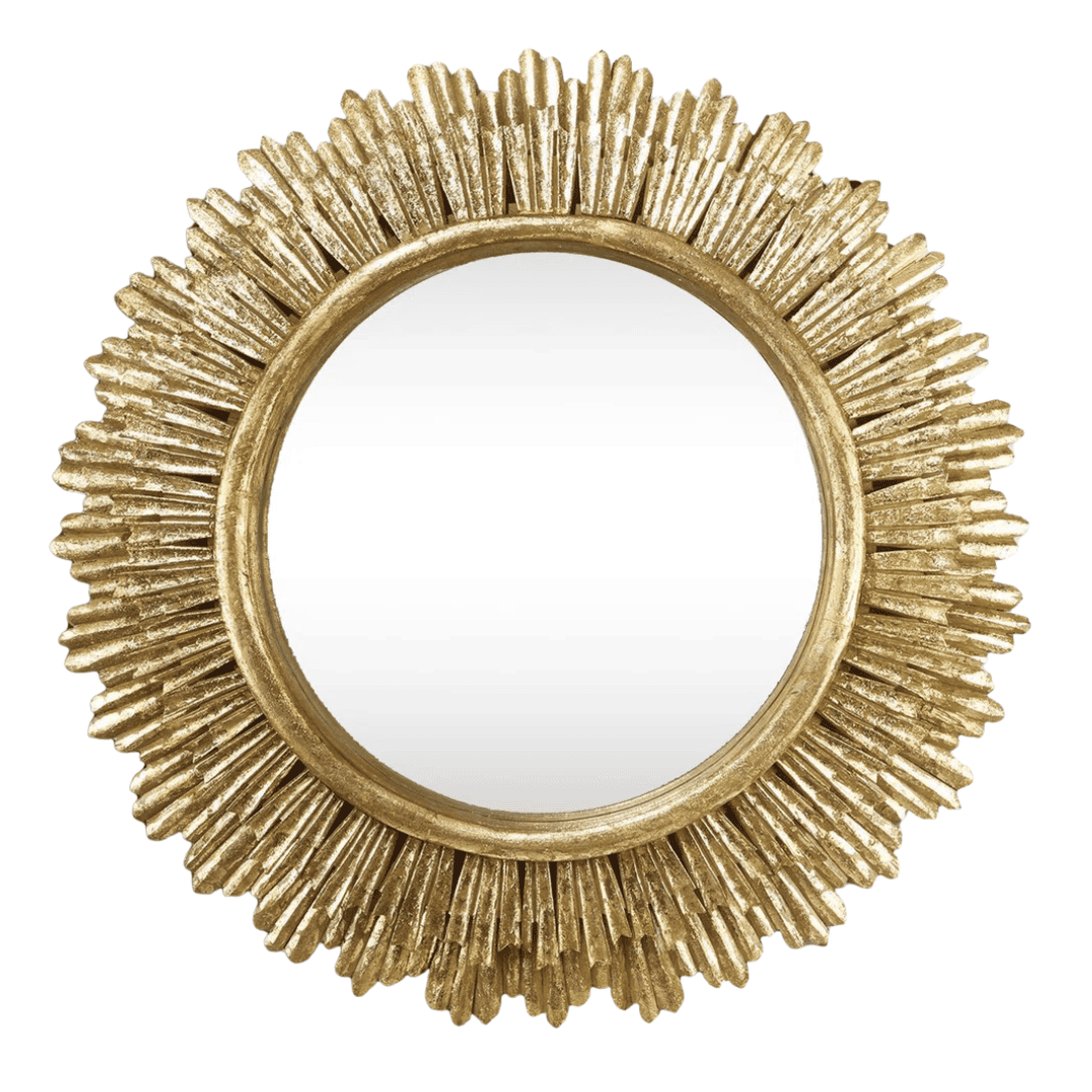 Round gold leaf sunburst wall mirror with carved wood detailing