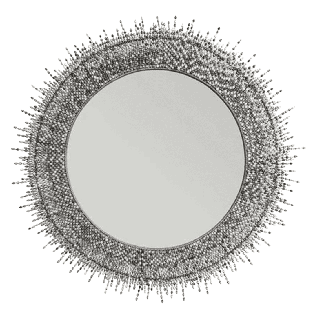 Round handcrafted mirror framed with natural Imfibinga seed beads