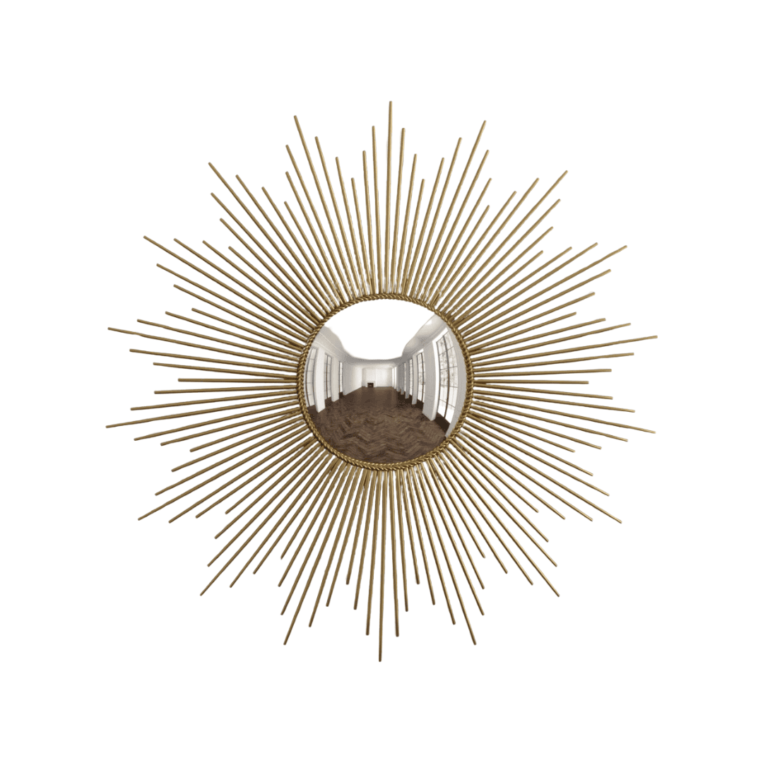 Contemporary gold sunburst wall mirror with sculptural metal rays