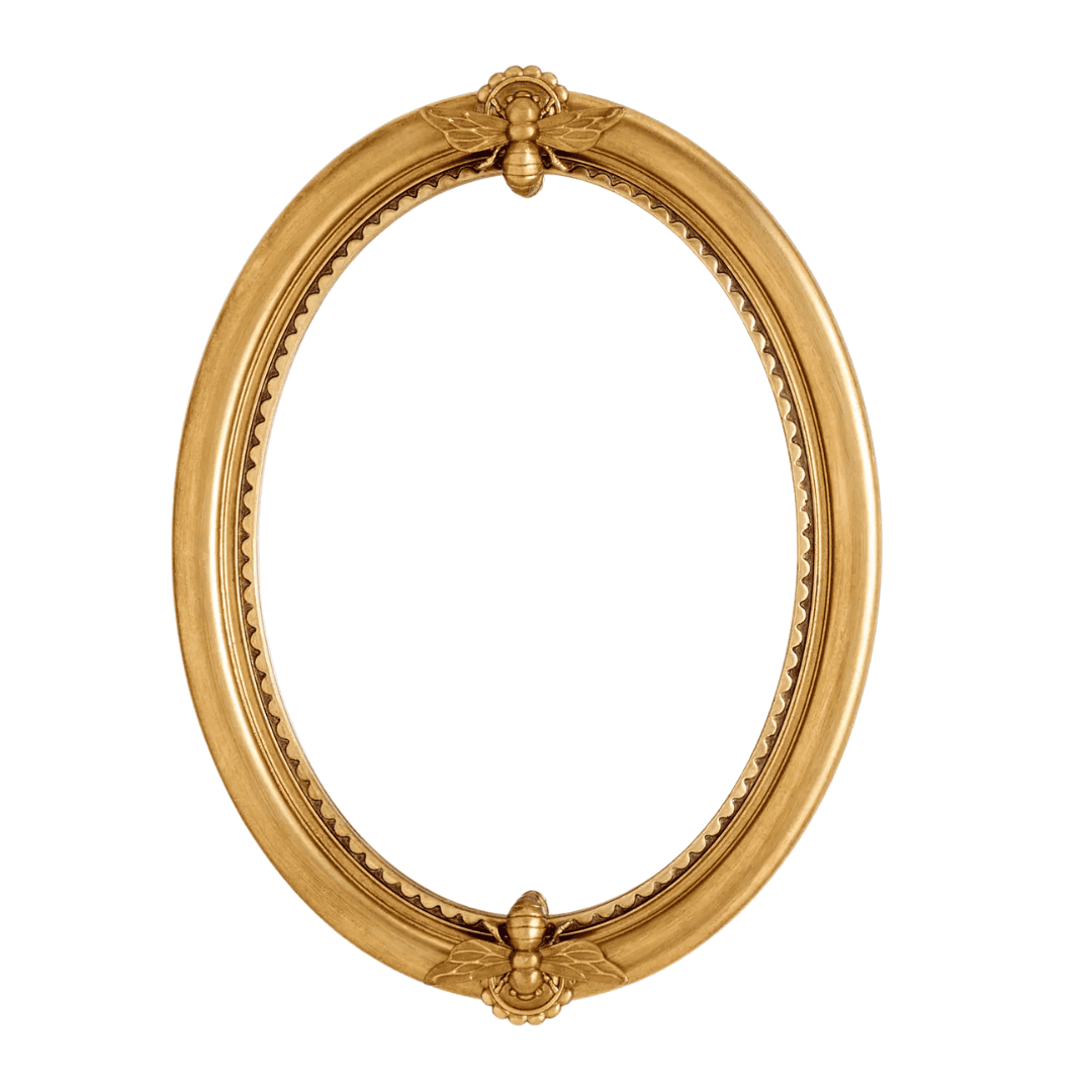 Oval gold wall mirror with decorative bee accents and classic frame