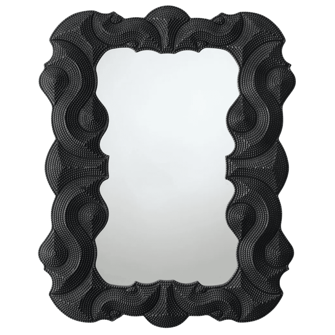 Black sculptural wall mirror with dramatic baroque-inspired organic frame
