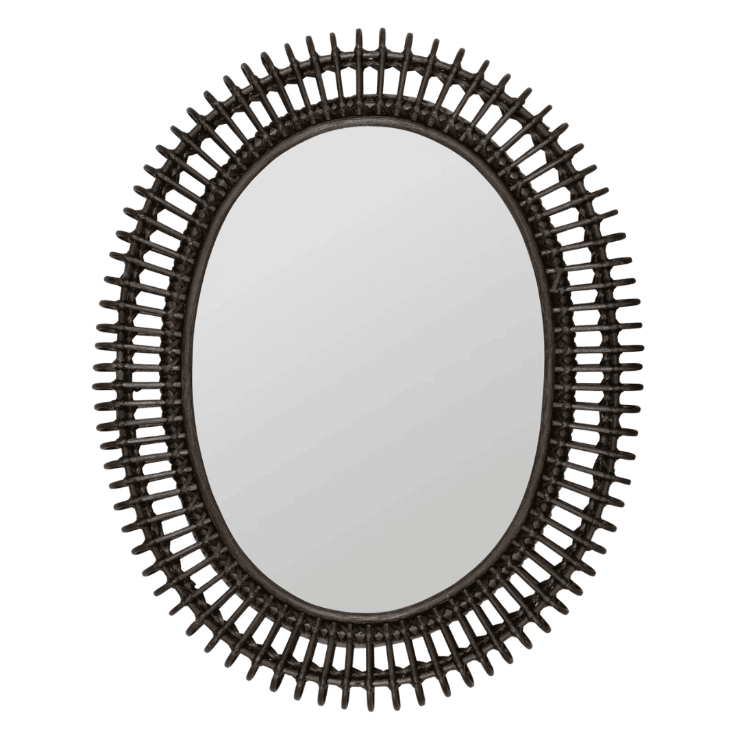 Oval bamboo-inspired wall mirror with black woven frame detailing