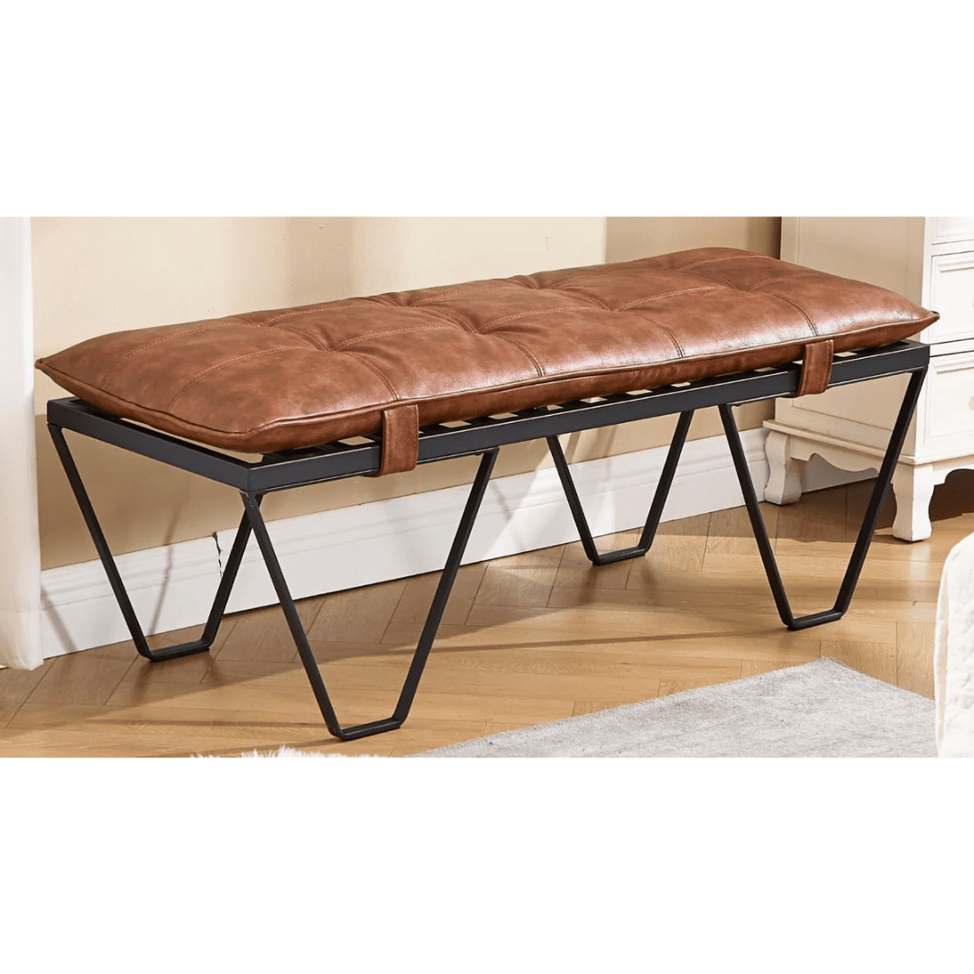 Chairus modern industrial leather bench with black metal frame