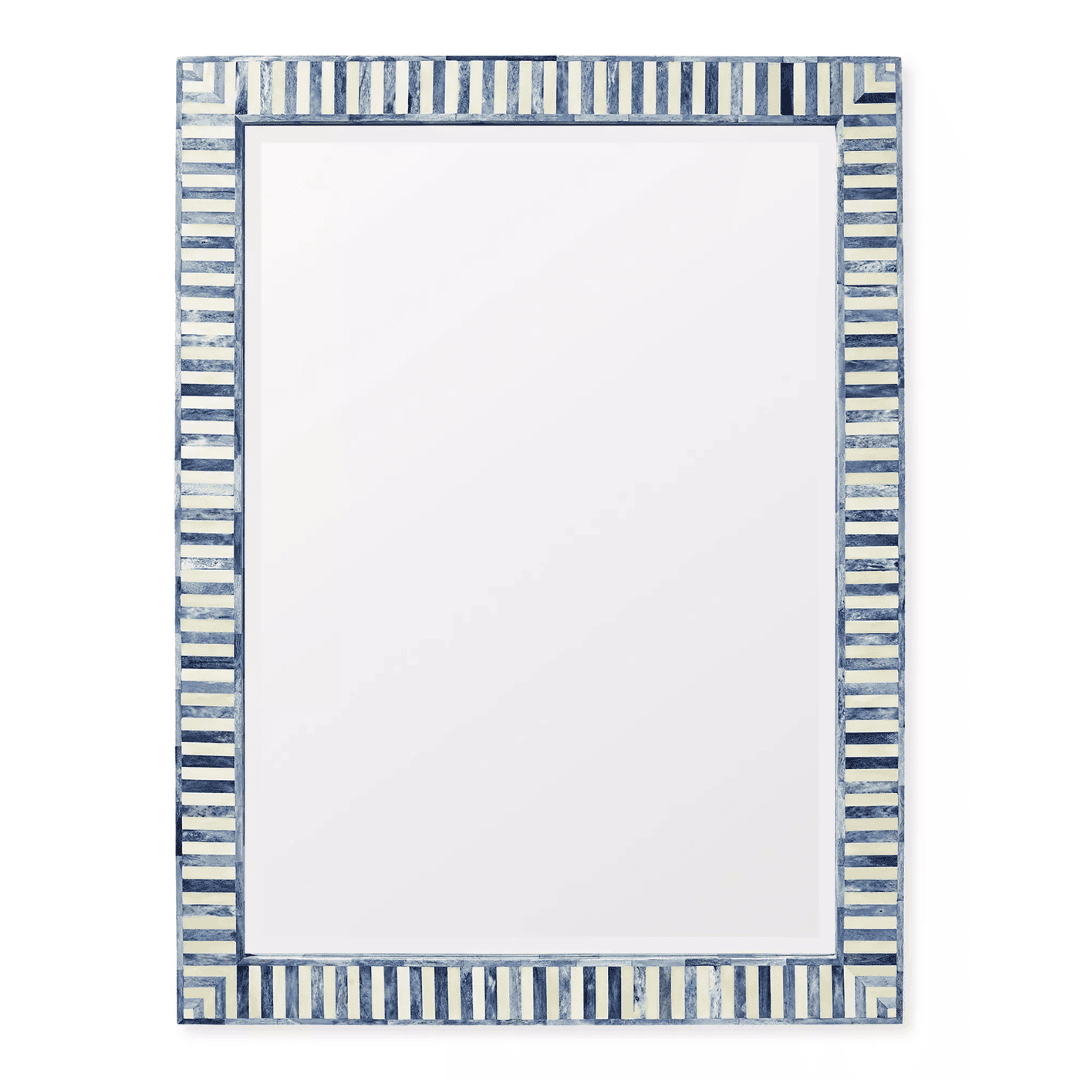 Rectangular bone inlay wall mirror with blue striped handcrafted frame