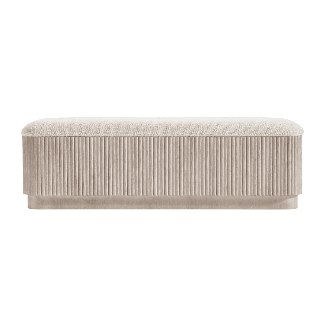 Bernhardt Lucerne upholstered bench with fluted detailing and oak base