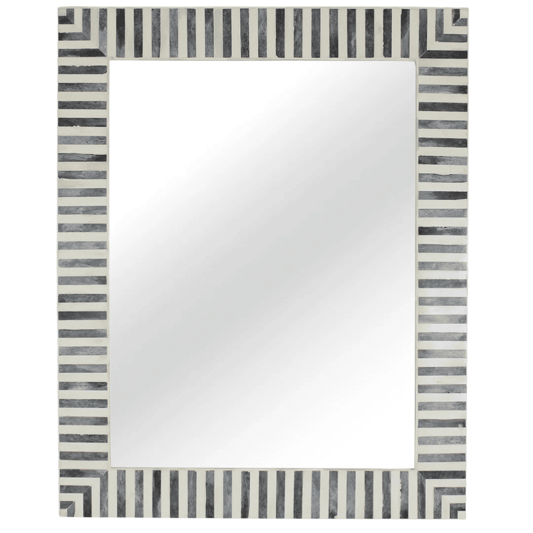 Rectangular bone inlay wall mirror with blue striped artisan frame