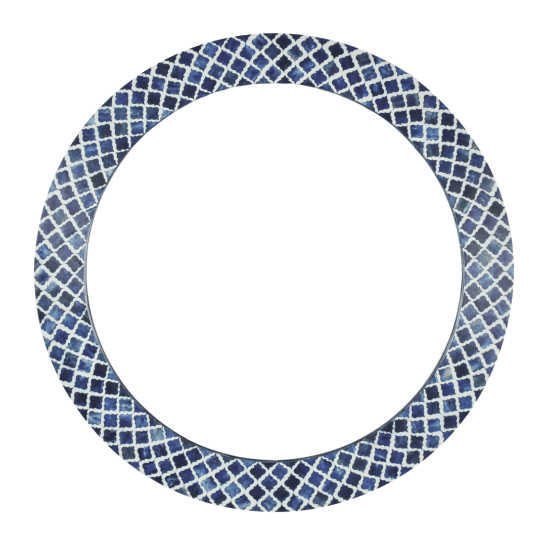 Round bone inlay wall mirror with blue diamond patterned frame
