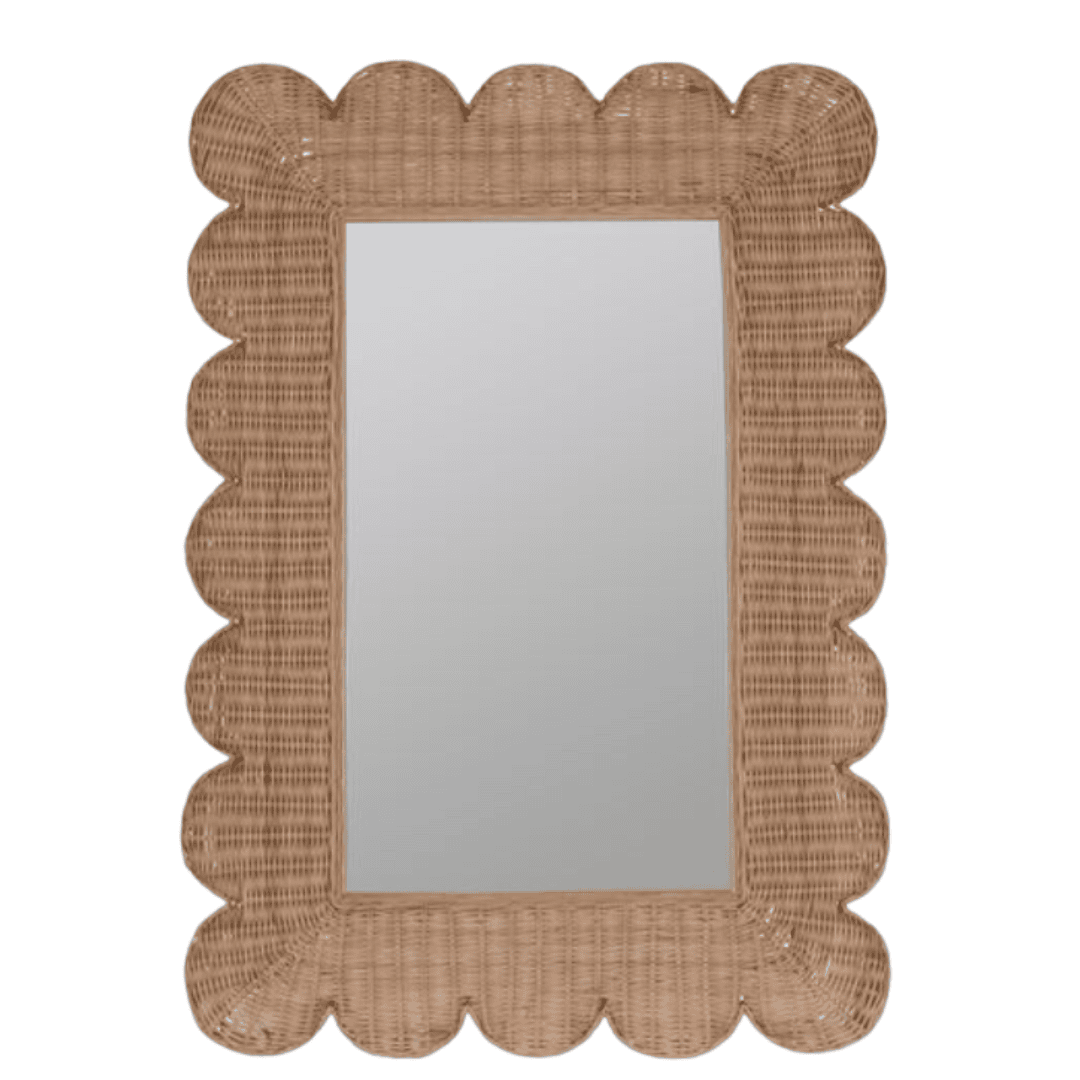 Rectangular woven rattan wall mirror with scalloped artisan frame
