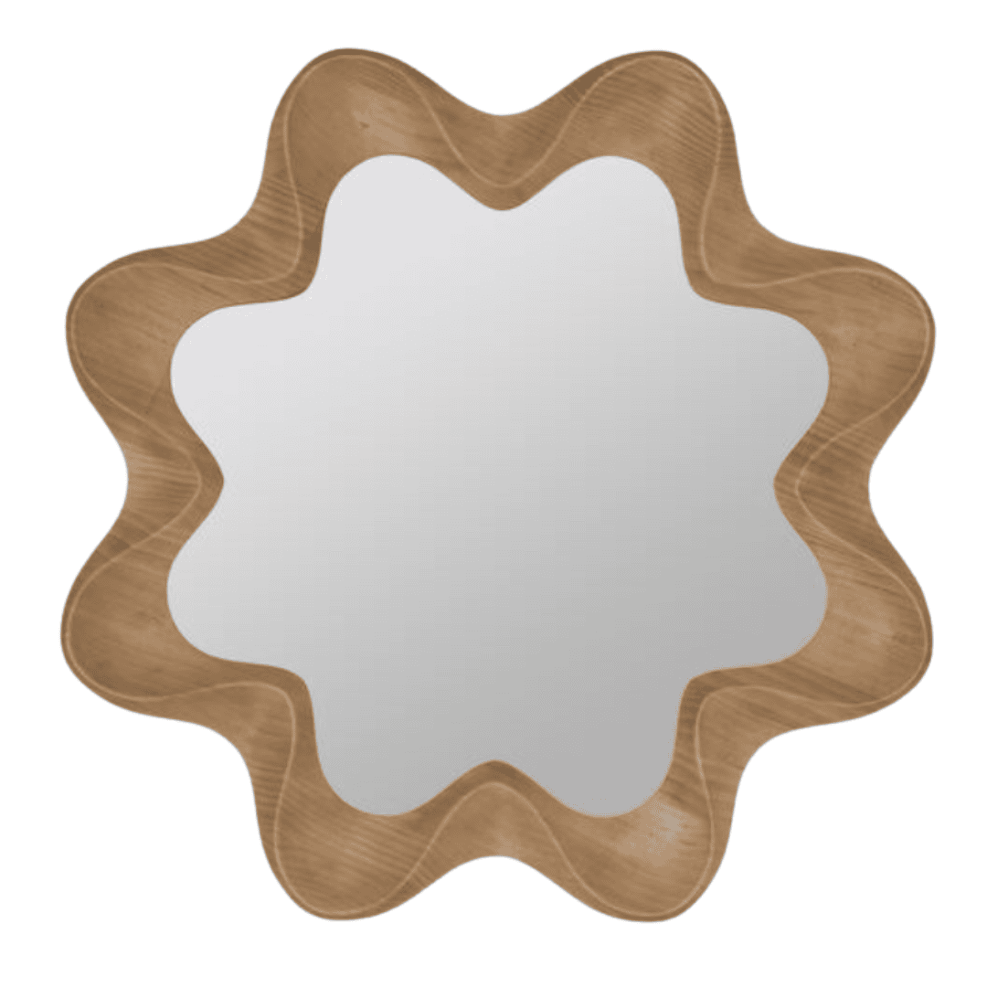 Flower-shaped wood wall mirror with organic sculptural frame