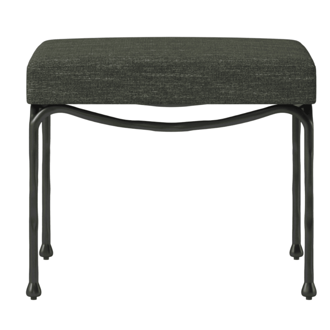 CB2 Journey upholstered stool in evergreen fabric with black metal base