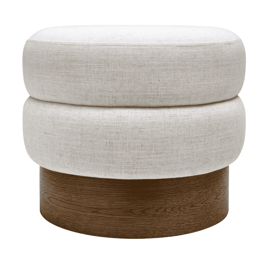 Surya Lona round upholstered ottoman with wood base and linen fabric