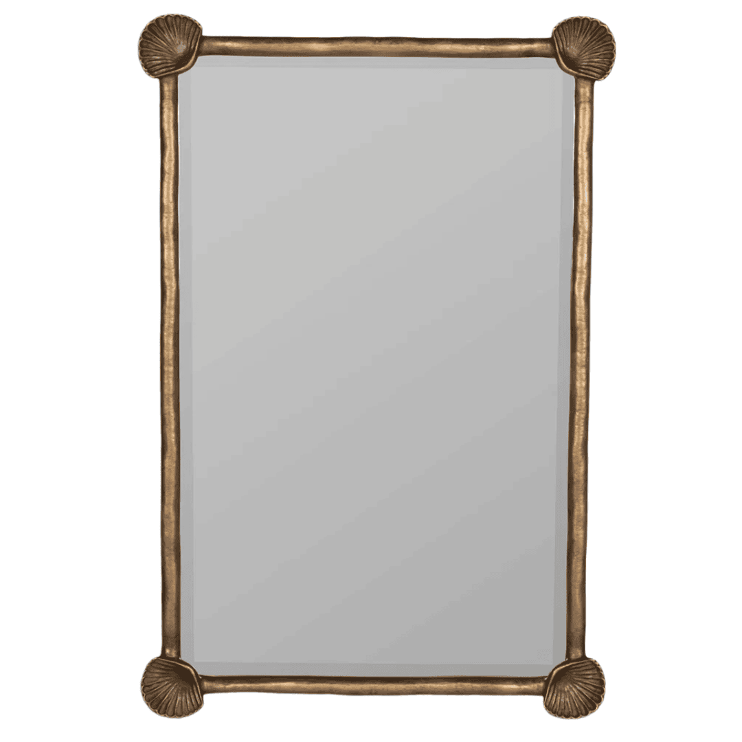 Rectangular brass wall mirror with decorative shell corner accents