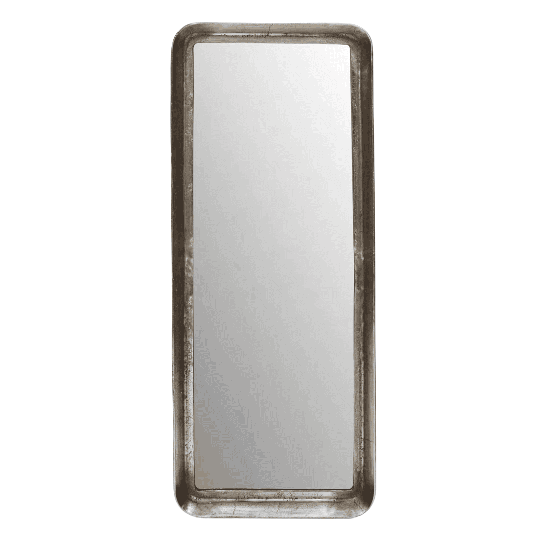 Tall rectangular wall mirror with handcrafted distressed metal frame