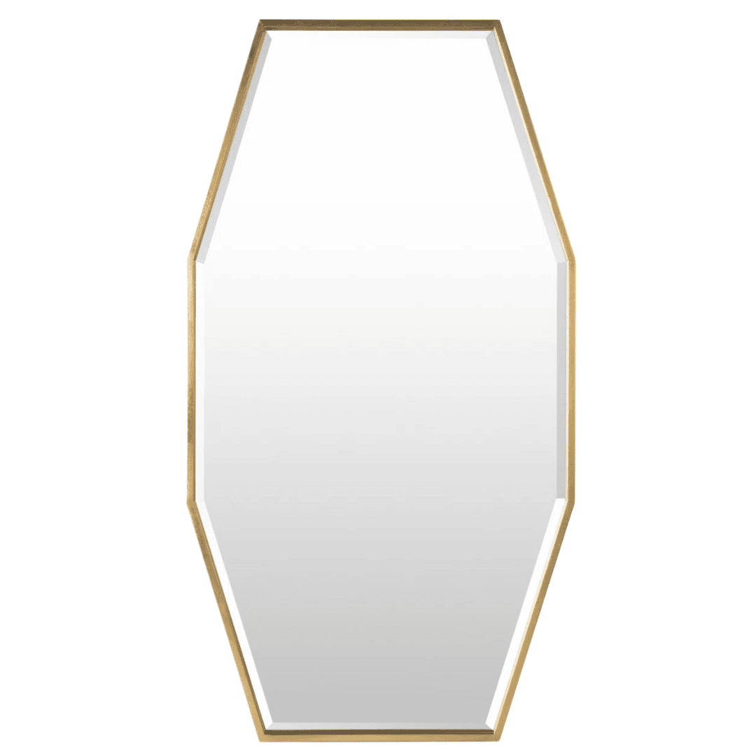 Tall geometric wood wall mirror with warm natural finish