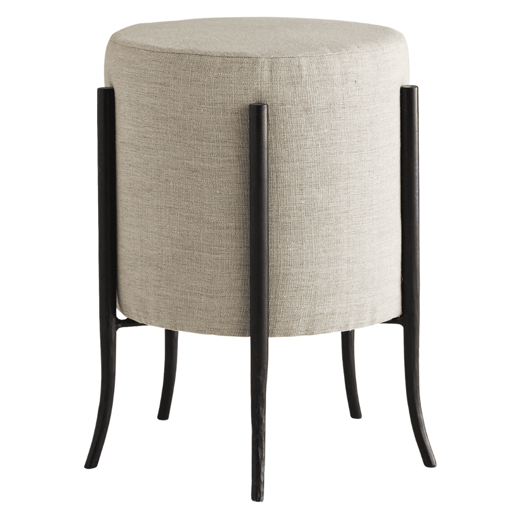 Arteriors Pagoda linen ottoman with sculptural black iron frame