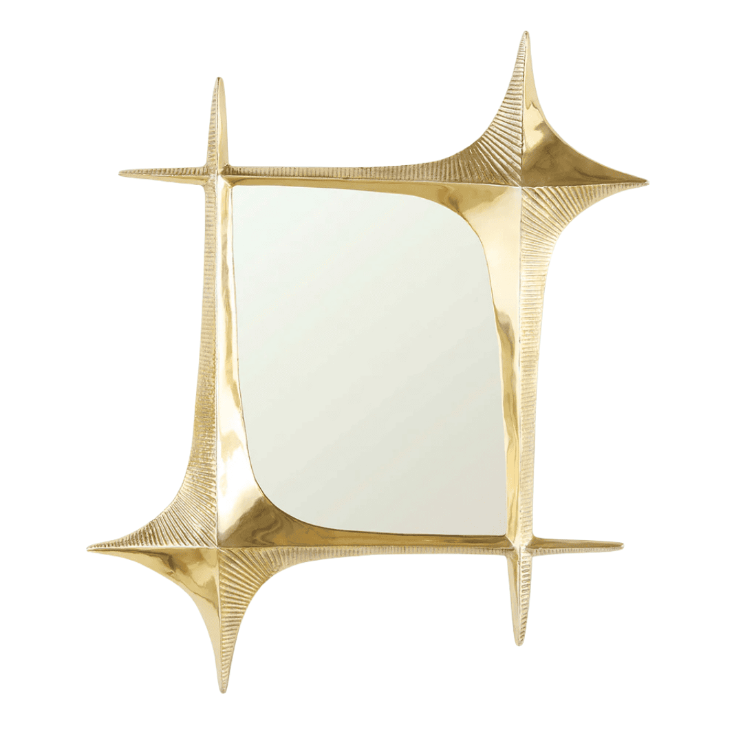 Sculptural brass wall mirror inspired by mid-century modern architecture