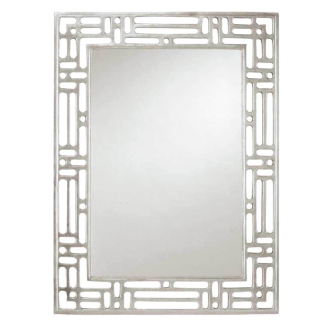 Rectangular wall mirror with geometric lattice-inspired metal frame
