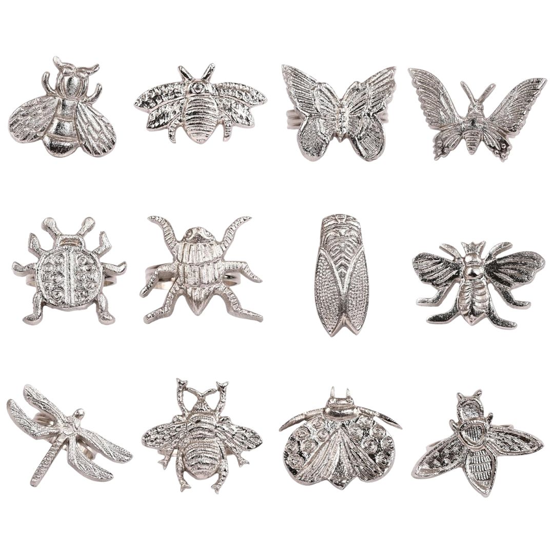 Silver insect napkin rings with bee and butterfly designs