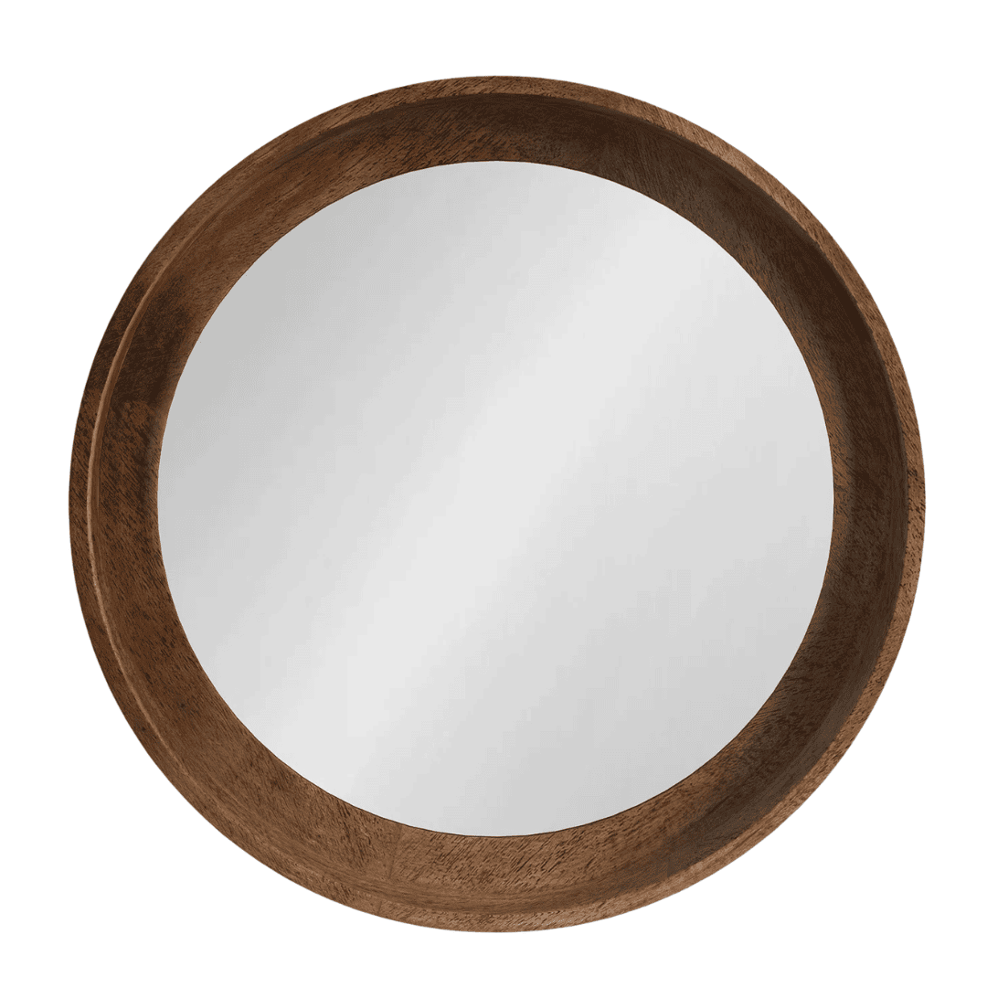 Round wooden wall mirror with integrated shelf for display and storage