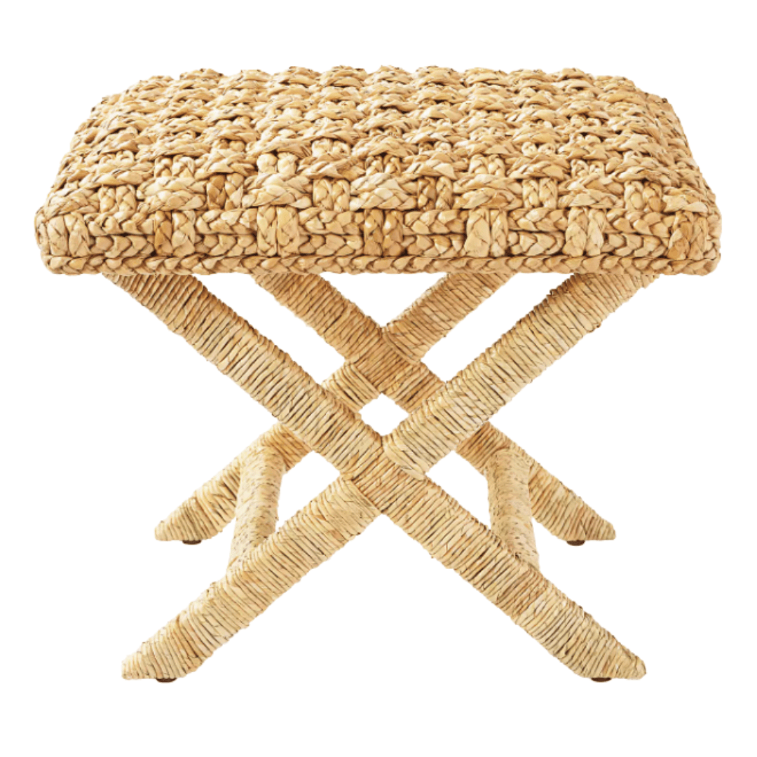 Serena & Lily Costa X-Base woven stool with natural water hyacinth