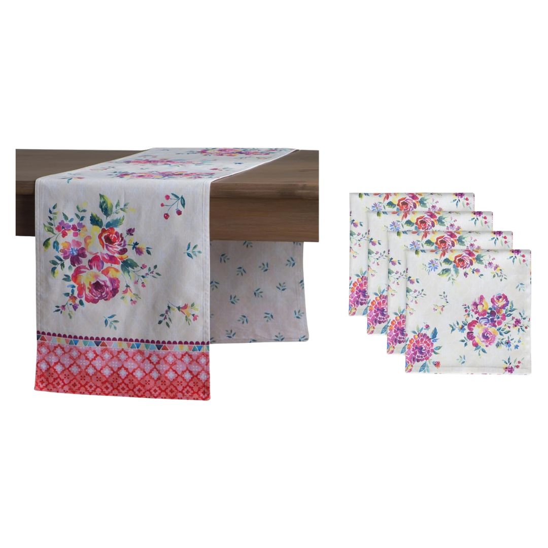 Floral table runner for an English country garden table setting.
