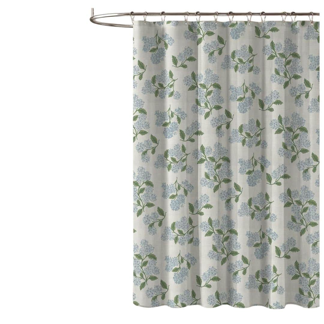 Blue and green hydrangea floral shower curtain