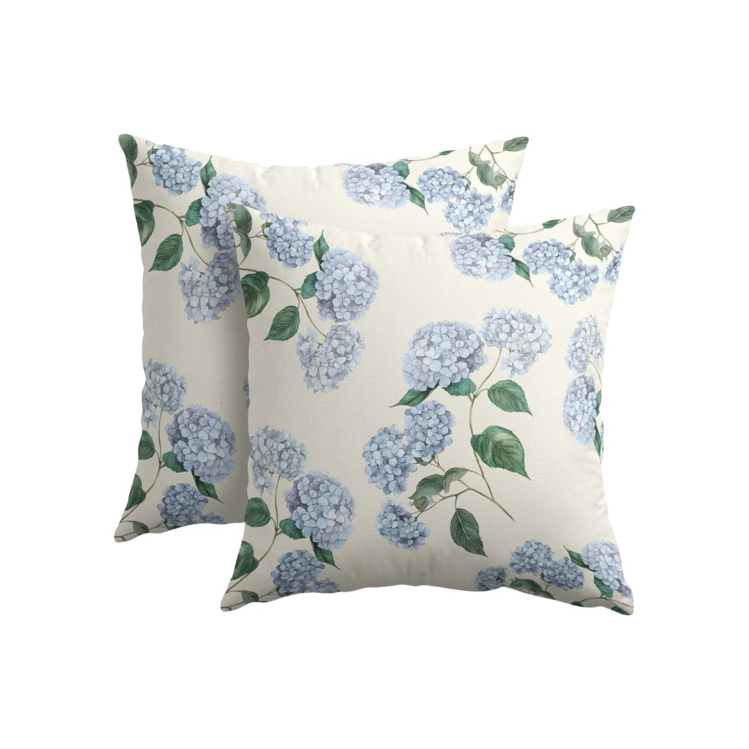Blue hydrangea floral cushion covers with green leaves