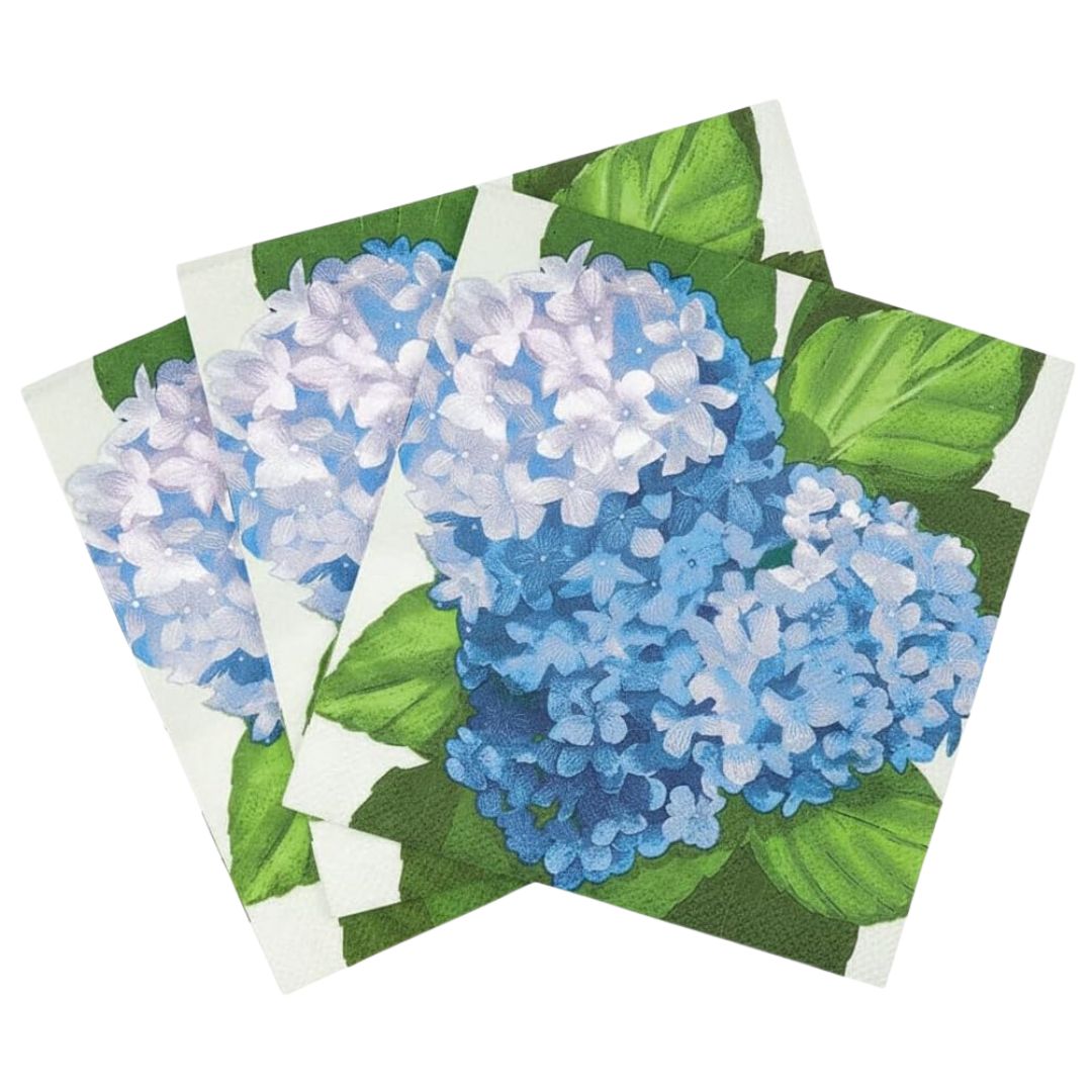 Paper cocktail napkins printed with blue hydrangeas