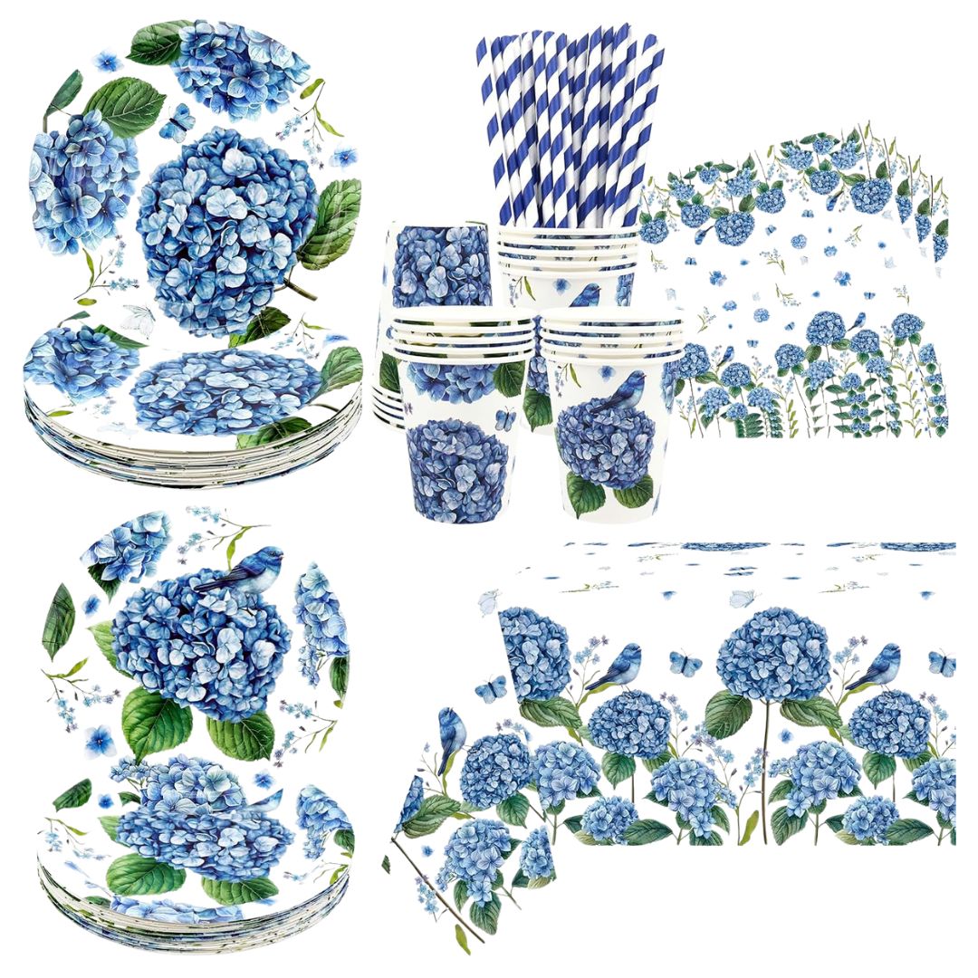 Blue hydrangea party tableware and decorations set