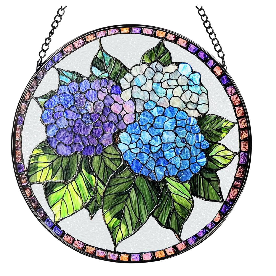 Stained glass suncatcher with blue and purple hydrangeas
