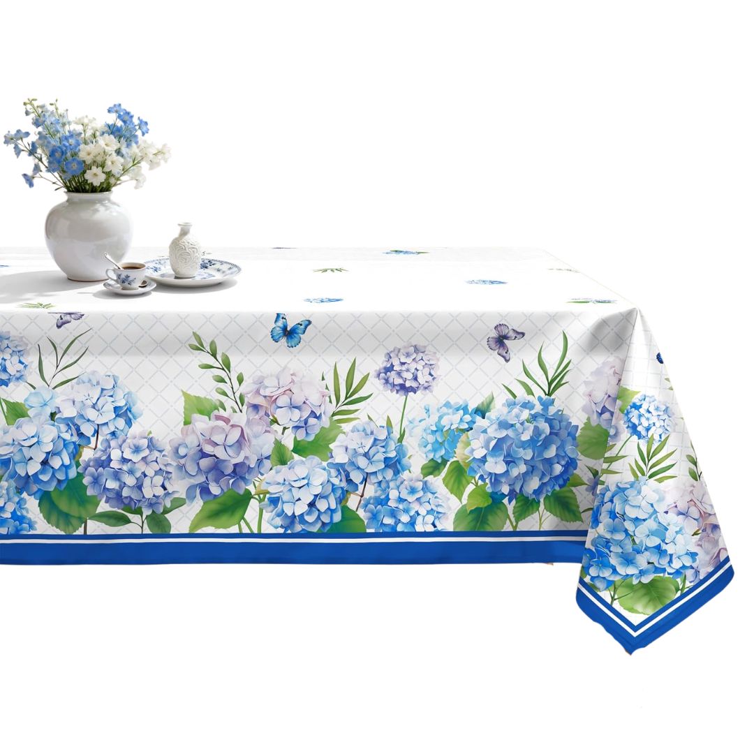 Blue hydrangea floral waterproof rectangular tablecloth