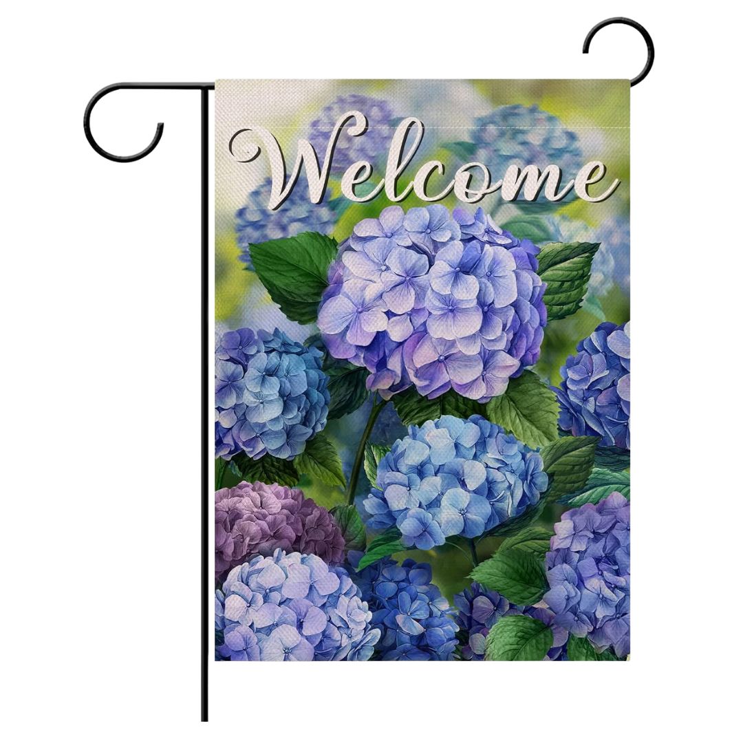 Welcome garden flag featuring blue and purple hydrangeas