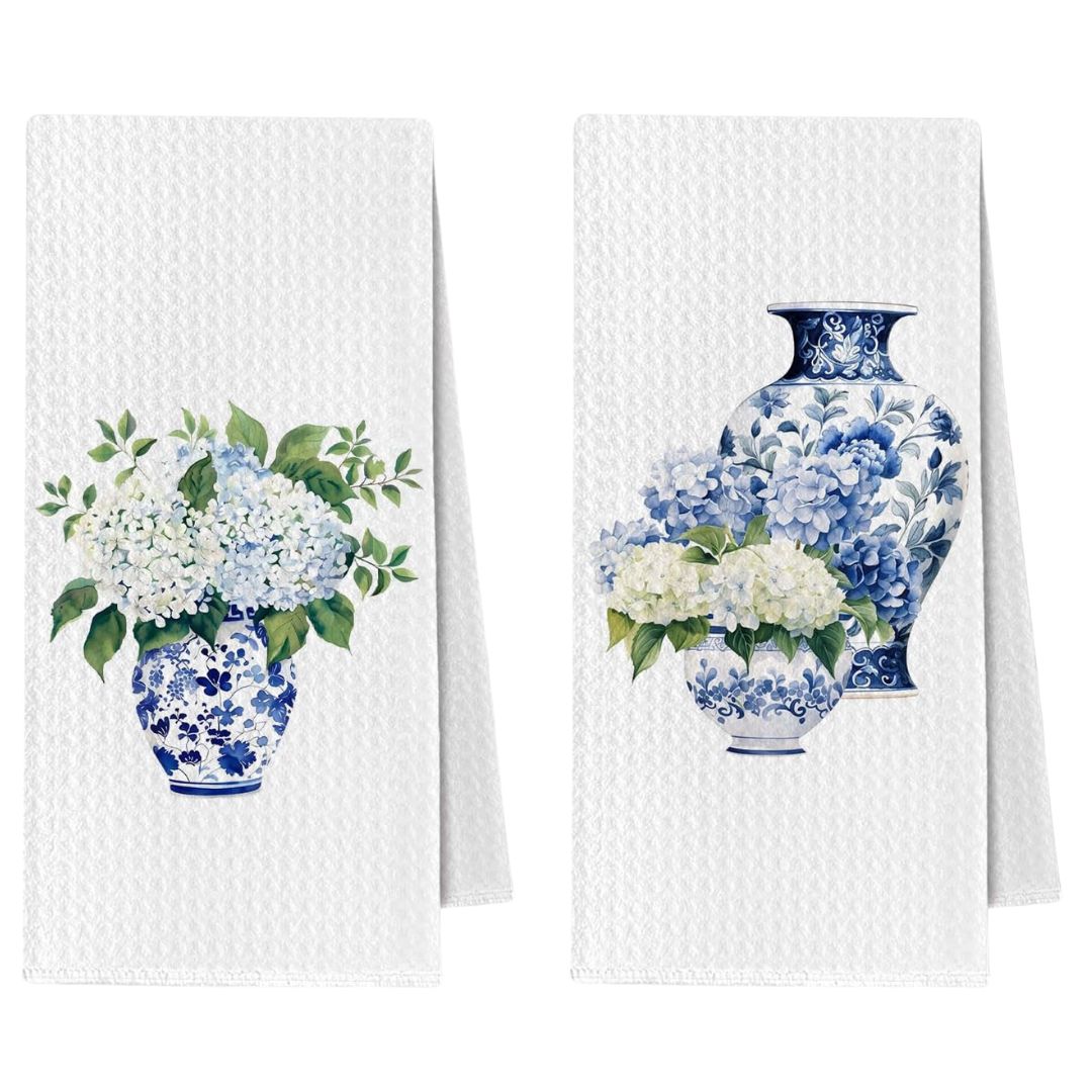Blue and white Chinoiserie tea towels with hydrangea designs