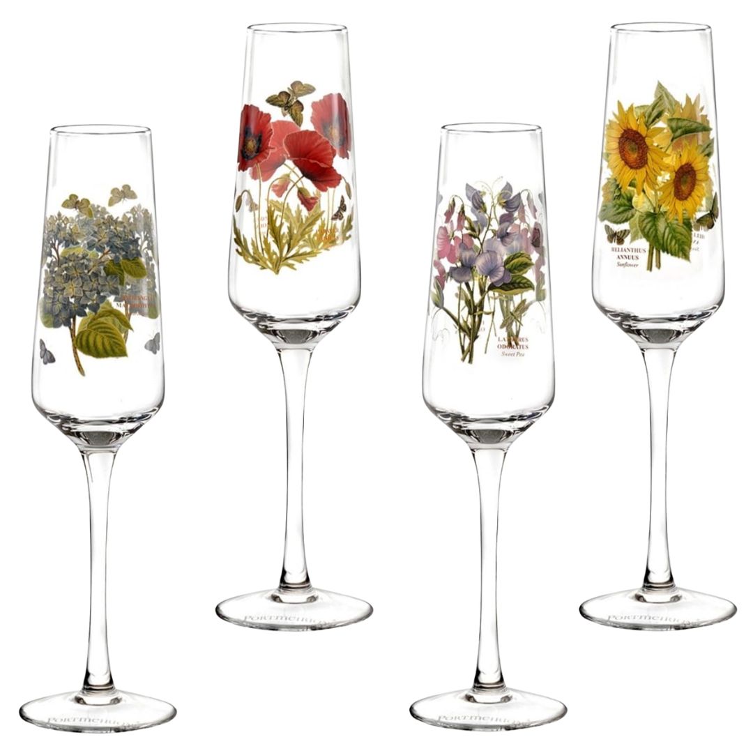 Botanical champagne flutes for serving sparkling drinks at an English country garden tea party.