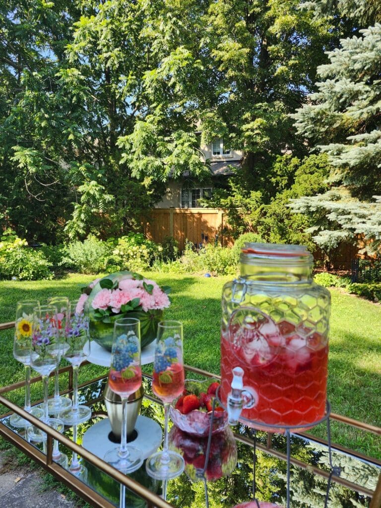 Outdoor beverage station with refreshing drinks for summer entertaining.