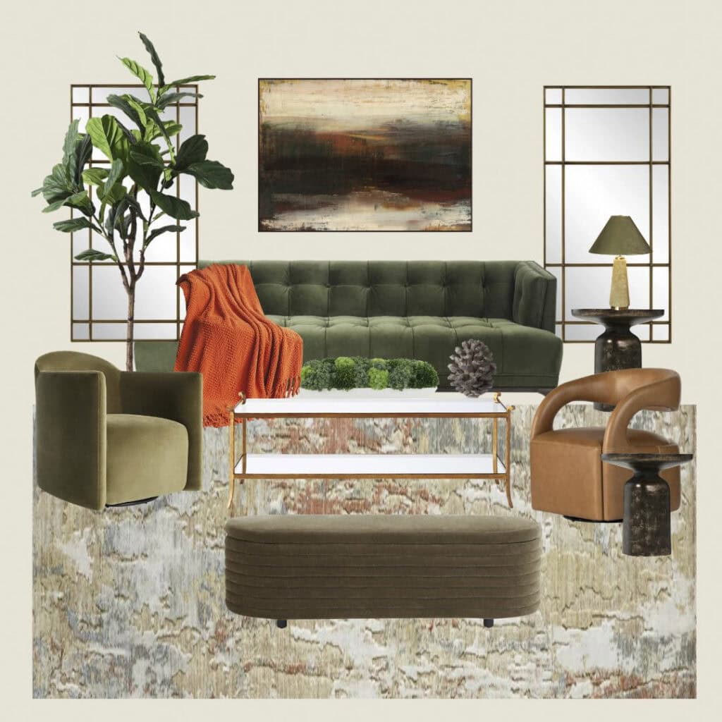 A curated fall living room with olive green, terracotta, and warm neutrals. Shop the exact furniture + decor to recreate the look.