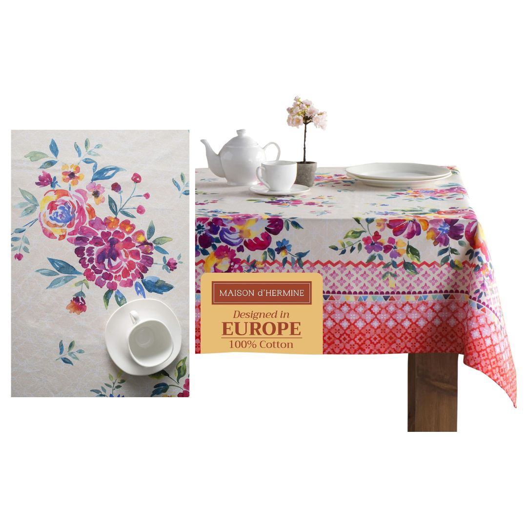 Colourful floral tablecloth for an English country garden tea party.