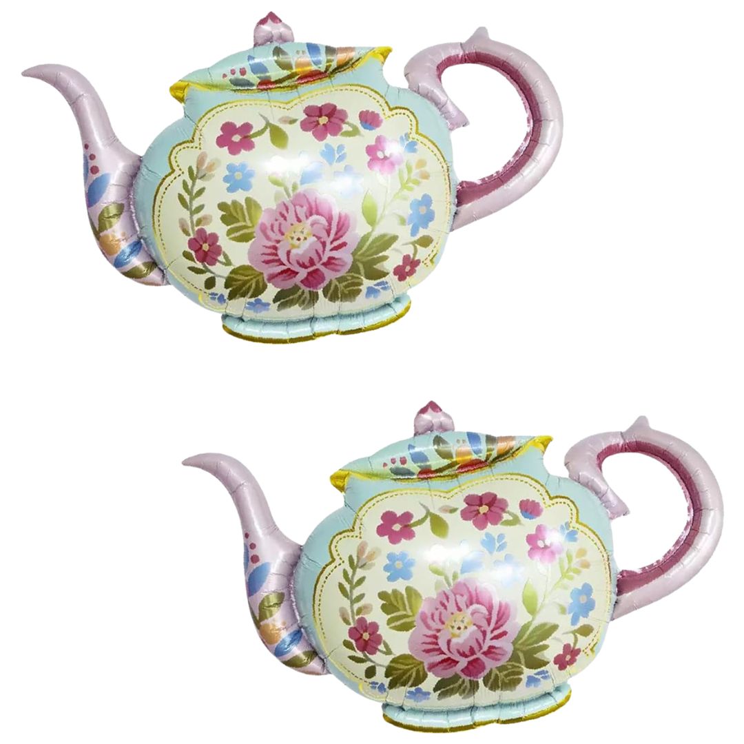 Large floral teapot shaped balloon used to decorate an English country garden tea party.