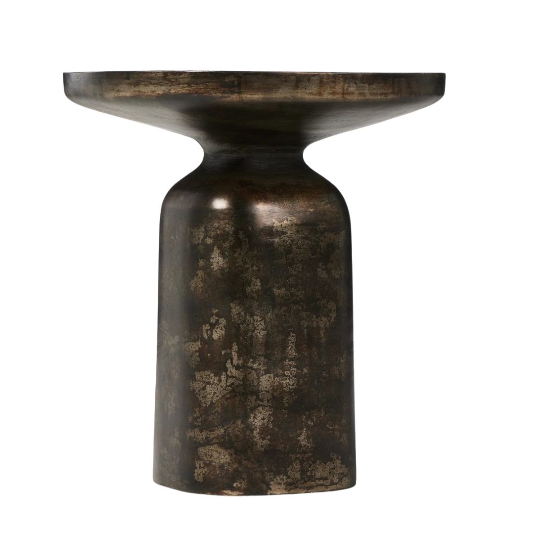 Four Hands Odessa pedestal end table in distressed bronze