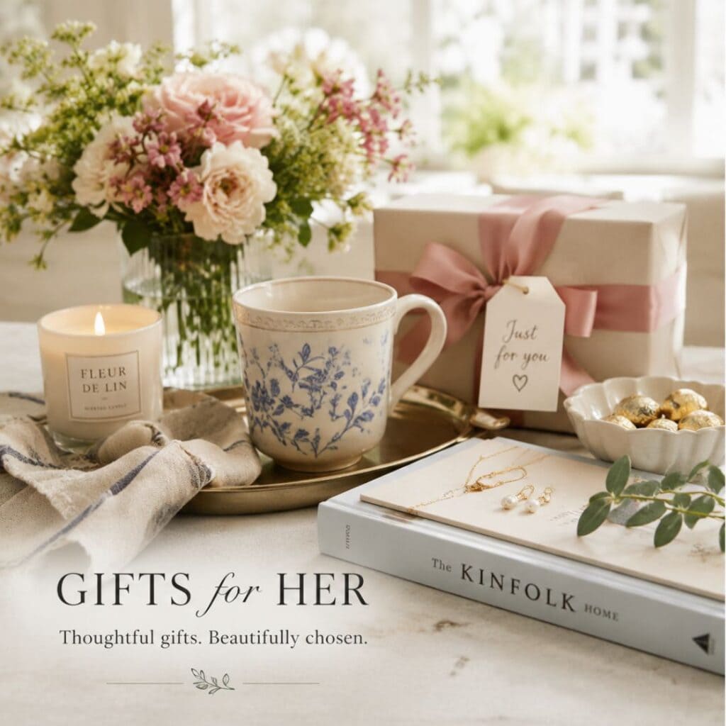 Elegant gift vignette featuring a floral mug, candle, flowers and beautifully wrapped gift for her.
